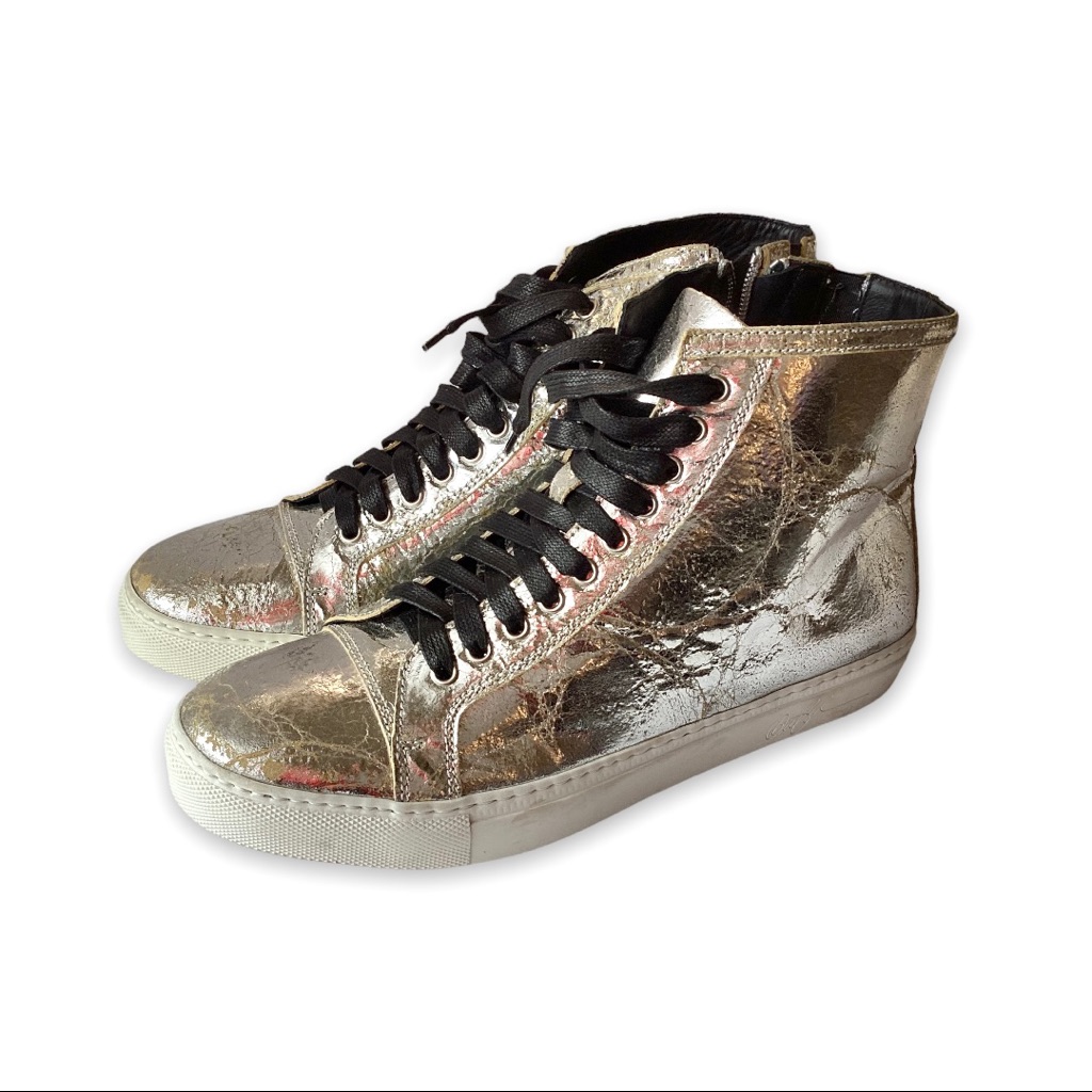 Donald J Pliner Sneaker Hitop Lajos Chrome Metallic Silver Distressed Leather 8